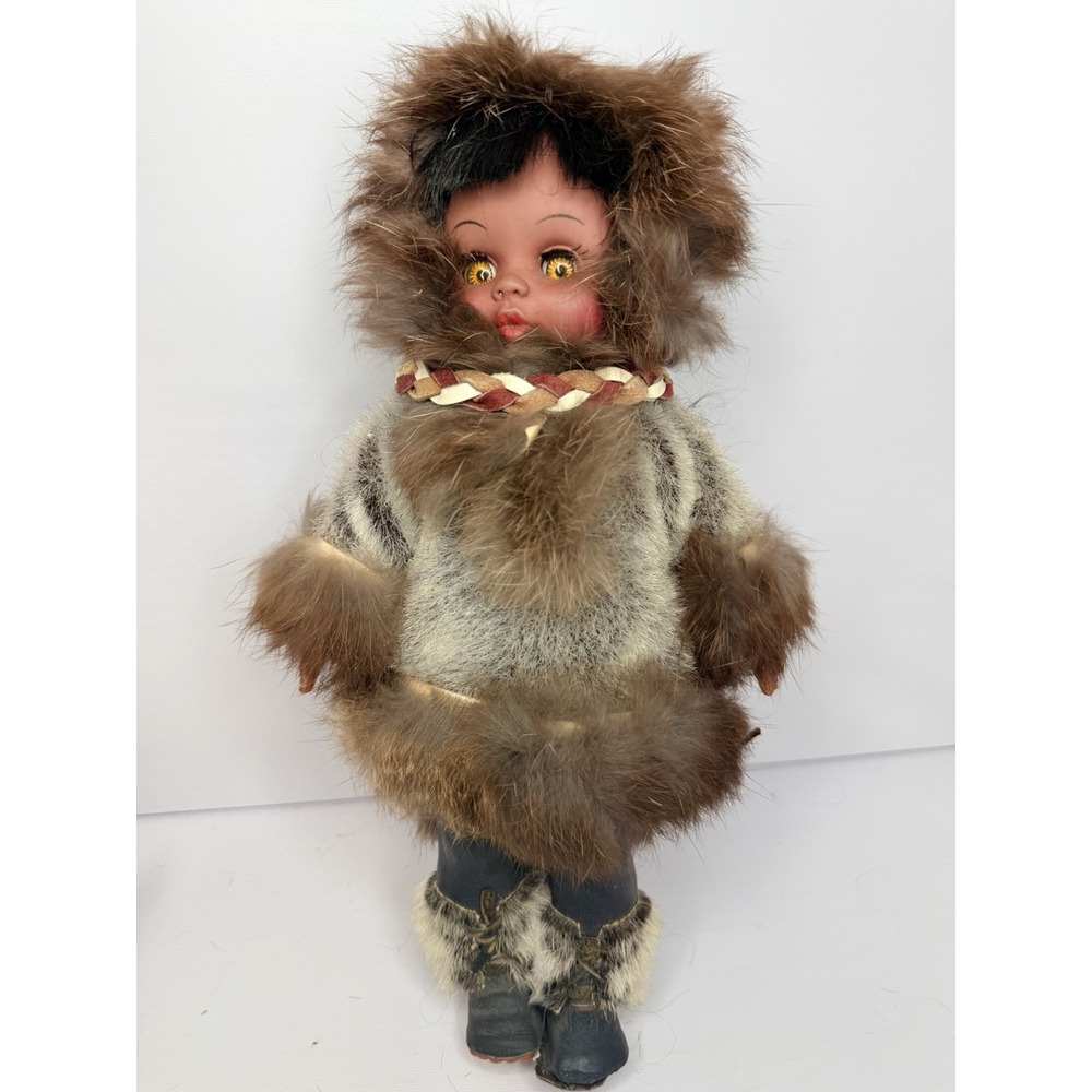 Vintage Native Eskimo Inuit Doll Real Fur Parka & Leather Boots 11"
